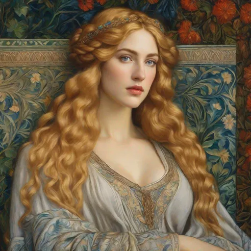 Prompt: woman, 30, with slavic features, seated on throne, pre-Raphaelite style, oil painting, flowing braided blonde hair, detailed facial features, natural texture skin, William morris Renaissance aesthetic, highres, ultra-detailed, pre-Raphaelite, detailed eyes, professional, rich color tones, soft natural lighting