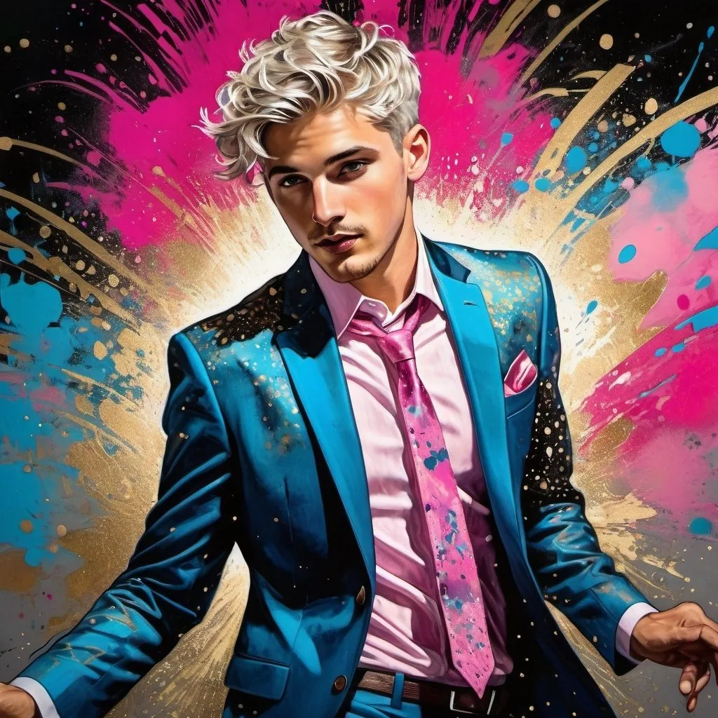 Prompt: Dynamic gold and silver ink medium shot wild splatter painting of a young blue eyed 22 year old Caucasian man with very short gray hair wearing a pink three piece suit, dancing at a club, UHD facial features, blue eyes, dramatic splatter ink painting, 20s, dynamic action, dramatic ink style, high energy, fast-paced, energetic, high-contrast spot lighting