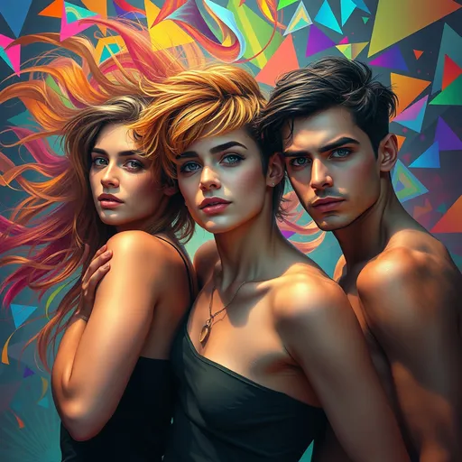 Prompt: (photorealistic), three Caucasian people in a striking pose, vividly adorned with (colorful geometric shapes) swirling in the background, inspired by the artwork of Android Jones, transforming the scene into a highly detailed digital painting. Emotive dynamic composition, showcasing vibrant colors and a creative ambiance. Captivating and lively atmosphere, inviting the viewer into an ultra-detailed world filled with energy and visual depth.