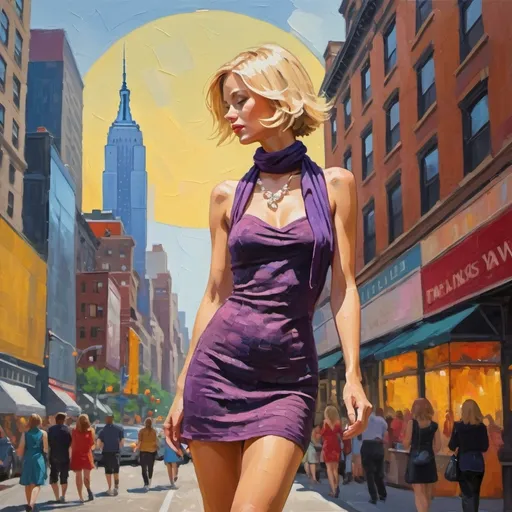 Prompt: (feminine silhouette), impressionism style, thick impasto oil painting, vibrant color, slender figure, short blonde chin-length hair, walking in a bustling New York street, seen in partial profile, sunny day, scarf, purse, makeup, lots of eccentric jewelry , very short tight minidress, dynamic atmosphere, effervescent light, warm tones, high detail, lively background with colorful storefronts and bustling crowds.