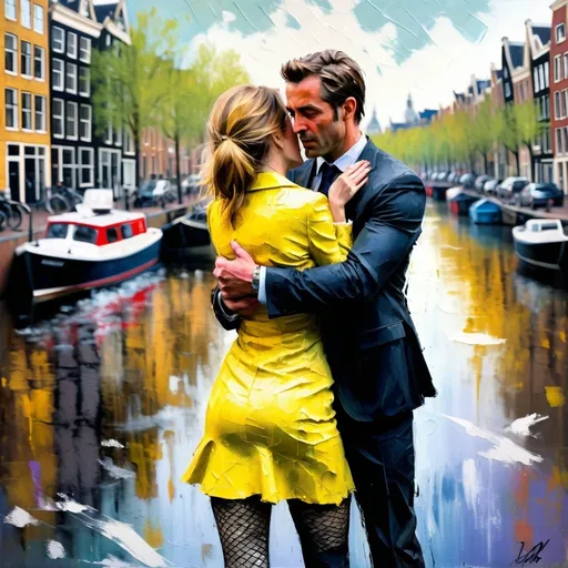 Prompt: intense emotions, close up, impressionism, visible strokes, thick impasto, bumpy brush strokes, rough edges, muted colors, pastel tones, Amsterdam in background, man in suit, woman in short, tight yellow minidress , black jacket, fishnet tights, intense emotions, rough brushwork, urban setting, textured surface, professional, highres, pastel colors, emotional, expressive, impressionist style, textured brushwork, thick paint application, detailed faces