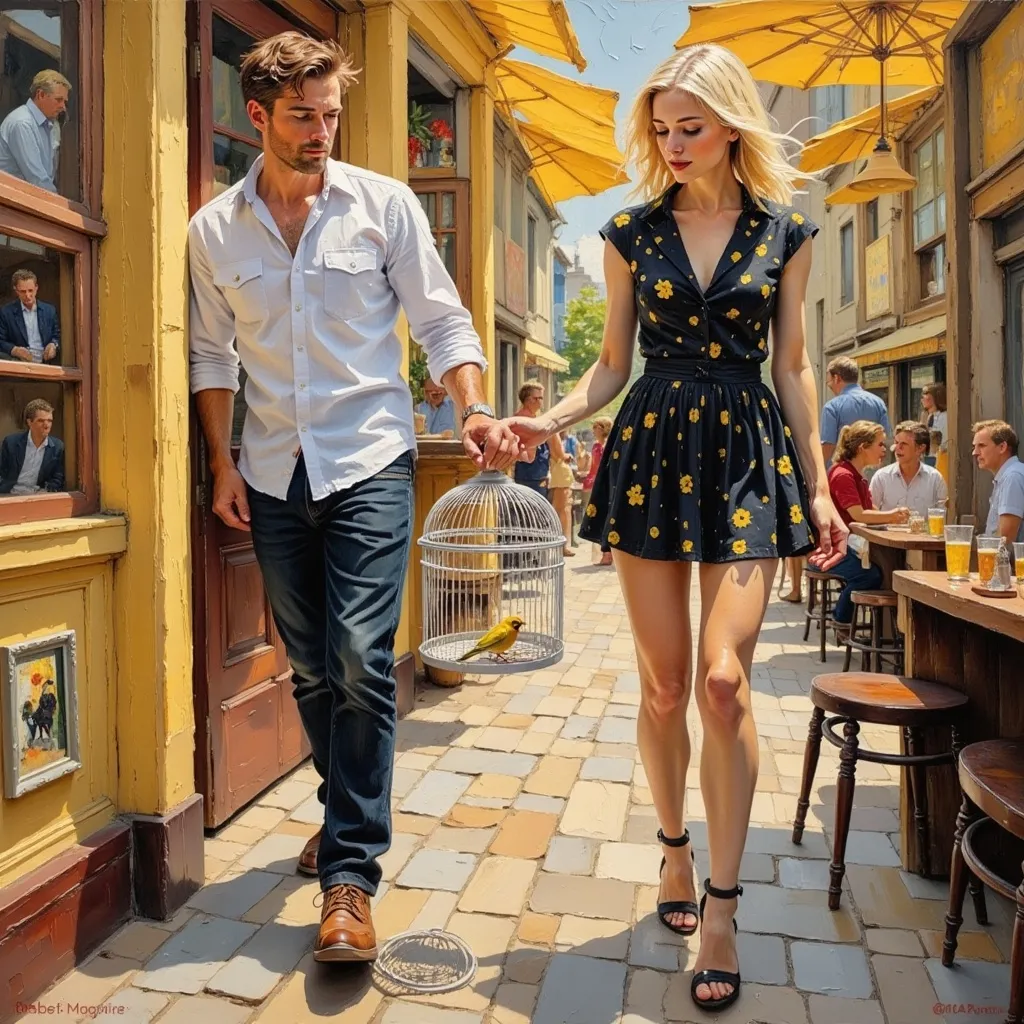 Prompt: "Full length full body thick impasto oil painting of two people by Robert Maguire , a shy man following a 25 year old blonde flirting woman in a short dress carrying a canary in a cage.