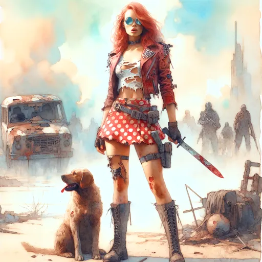 Prompt: Impressionistic surreal watercolor and gouache profile portrait, ethereal atmosphere, post apocalyptic battleground, 30 year old redhead woman, distressed red and white tight polka dot miniskirt, machete, sunglasses, combat boots, combat dog,, highres, ethereal, pastel tones, post-apocalyptic, detailed eyes, distressed fashion, combat dog, professional, atmospheric lighting, combat boots, detailed portrait, 