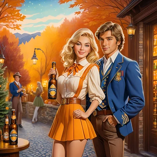 Prompt: Fantasy-style illustration of a man and woman in short skirt, holding beer bottles, vintage barbizon school aesthetic, 1970s vibe, color pencil sketch, detailed facial features, intricate clothing, magical atmosphere, vibrant and warm color palette, soft and diffused lighting, high quality, fantasy, vintage, detailed characters, atmospheric lighting, vibrant colors, 1970s style, magical ambiance, color pencil sketch, detailed clothing, warm lighting