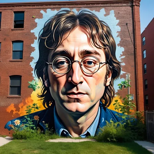 Prompt: Mural painting of John Lennon on the side of a 5-story brick building, overgrown children’s playground in a vacant lot, vibrant street art, realistic portrait, detailed brick texture, 4k, ultra-detailed, urban, street art, realistic, overgrown playground, expressive, dynamic lighting