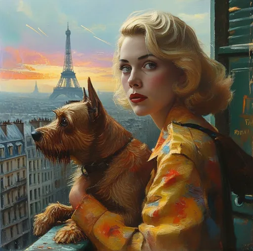 Prompt: (surrealism style portrait ), vibrant color scheme, (1941  Paris), shadowy streets at night with German tank in distance , soldiers in background, tattered French flag, Bombed broken car, portrait of a wavy blonde green eyed woman holding dog on balcony and looking back at camera  (highly detailed facial features) outside a cafe, search lights streaking through a tumultuous sky, vivid explosions lighting the dark atmosphere, bombed and ruined structures surrounding the scene, (dramatic), chaotic ambiance, high contrast between shadow and colorful explosions, (ultra-detailed), evocative imagery, sense of urgency and dread.