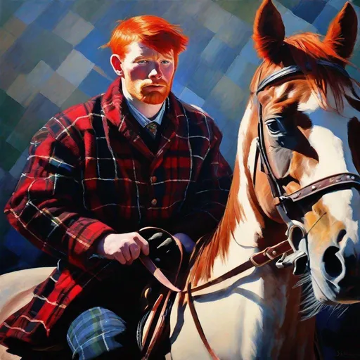 Prompt: Red-haired Scottish man in tartan on horseback, vibrant use of light and shadow, highres, detailed eyes, expressionism, impressionistic, Scottish Clan colors, vibrant lighting, detailed facial features, tartan pattern, horse, intense gaze, detailed brushwork, expressive style