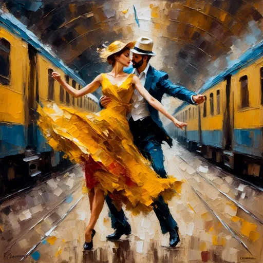 Prompt: <mymodel>Two men performing 'Zorba the Greek' dance on a deserted train platform in Florence, thick impasto oil painting, vibrant colors, dynamic brushstrokes, expressive movements, textured surface, high energy, traditional dance, Italian culture, intense emotions, classic art style, warm tones, dramatic lighting