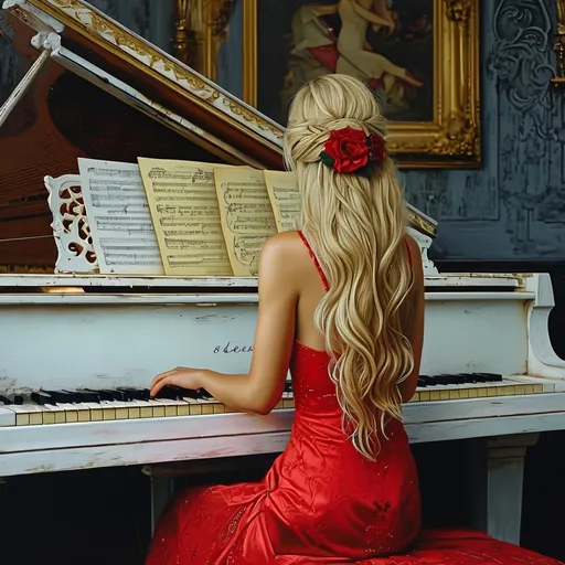 Prompt: (woman with long blonde hair), (red dress), playing a (white grand piano), (music sheets on piano), (art print by Mark Taylor, Charlie Bowater), (gothic art influences), (ultrafine detailed painting), (downward angle perspective), (soft warm lighting), (vibrant color palette), (ethereal atmosphere), (4K ultra-detailed).