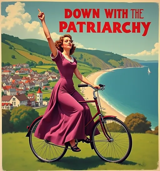 Prompt: (accurately spelled text ‘(Down With The Patriarchy’) featuring a woman in a magenta dress (with her fist in the air) on a penny farthing bicycle theme. UHD facial features.

A vintage 1930's travel poster, aerial view of a quaint welsh village by the sea. Village green, bandstand, distant beach.