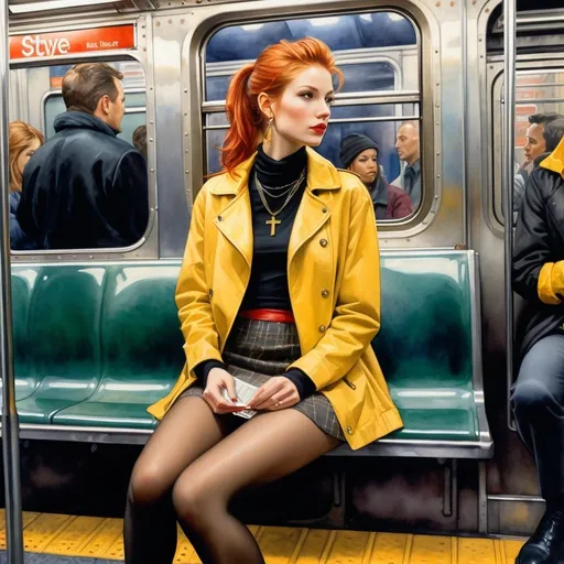 Prompt: Steve Hanks style full body watercolor portrait of a slender long-legged 25 year-old English woman in profile, sitting cross legged inside moving crowded New York subway car, detailed facial features, red ponytail hair, cropped yellow jacket, black turtleneck, necklace with small gold cross, very short leggy tight black miniskirt, tights, dynamic action, exciting pose, standing inside subway car, romantic style, watercolor, vibrant colors, detailed eyes, best quality, highres, whimsical, Steve  Hanks watercolor style, vibrant hues, detailed, scenic lighting