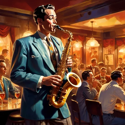 Prompt: Illustration of a musician man, 1950s jazz style, lively tavern scenes, realistic lighting, vibrant color usage, saxophone, lively atmosphere, detailed facial expression, professional art quality, realistic art style, warm tones, luminous reflections, cabaret ambiance, atmospheric lighting, hot blowing 