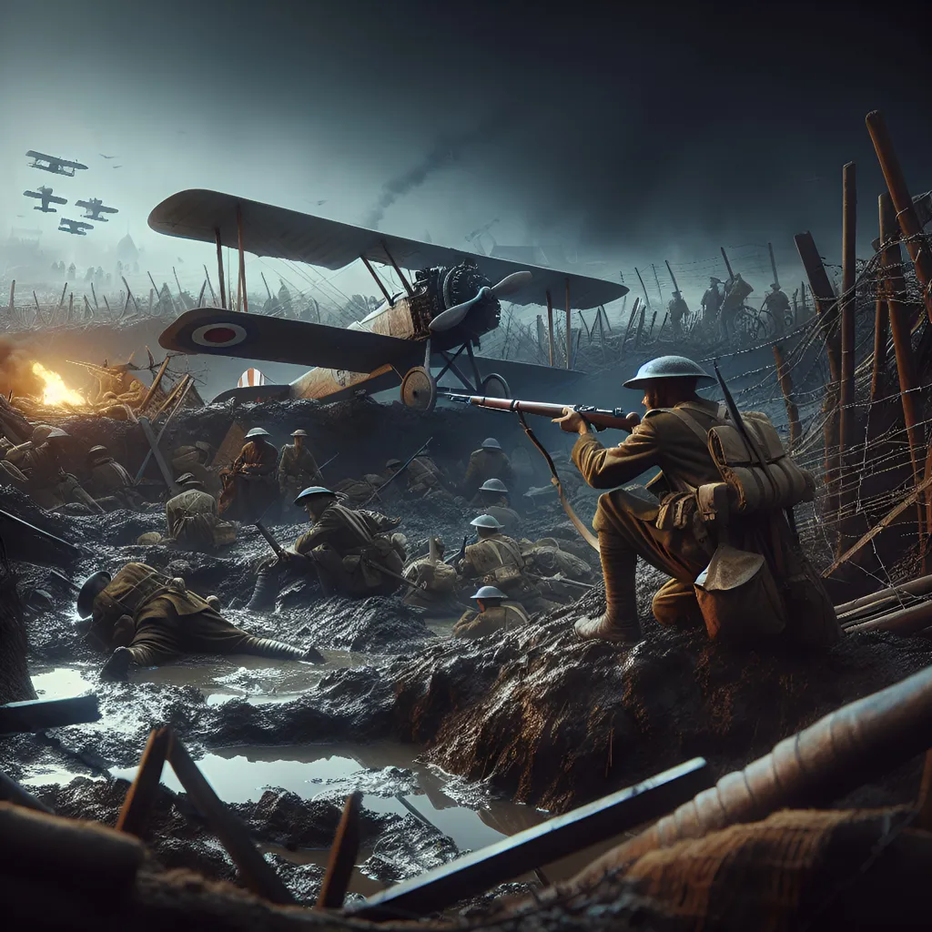 Prompt: (WW1 soldier with rifle), hiding behind wreckage of a biplane, muddy no-man's-land, barbed wire fencing, other soldiers in trenches, dark night, glowing fires casting a harsh yet warm light, gritty ambiance, tension and fear, ultra-detailed, dramatic shadows, cinematic composition, evocative and somber atmosphere, historical accuracy, immersive battlefield scene, high-quality 4K.