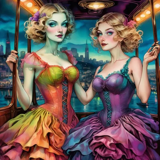 Prompt: Surrealistic, fantastical mystery mystic mythic illustration of two woman in party dresses, UHD facial features, San Francisco cable car, Arthur Rackham style, vibrant colored triadic inks, bizarre, short dresses, fantasy, detailed, highres, surreal, magical lighting, vibrant colors, professional, atmospheric lighting