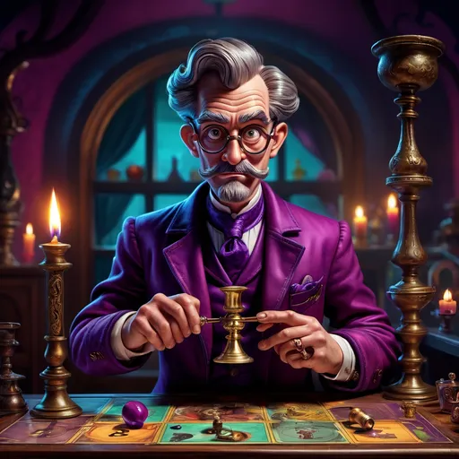 Prompt: The board game called “Clue” : man dressed as professor plum holds a candlestick . surreal board game based on "Clue", vibrant color tones, dramatic lighting, intense and chaotic atmosphere, detailed character expressions,  intricate game board background, whimsical and trippy elements, high level of detail, 4K, ultra-detailed faces, 2D illustration, trending on artstation