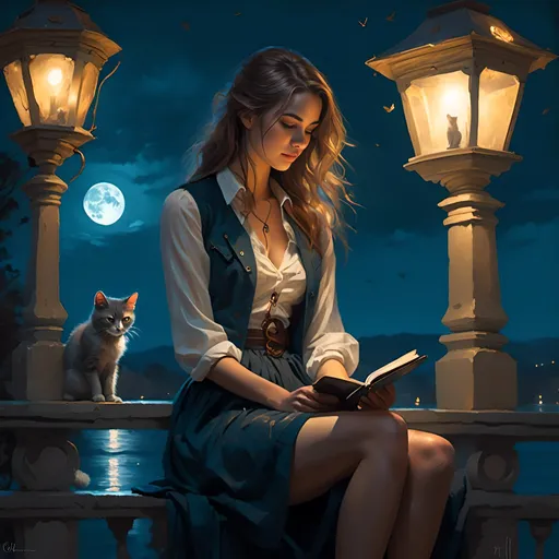 Prompt: <mymodel> a woman sitting on a bridge with a cat in her lap and a lantern in the background, with a full moon in the sky, Charlie Bowater, fantasy art, stanley artgerm lau, a character portrait