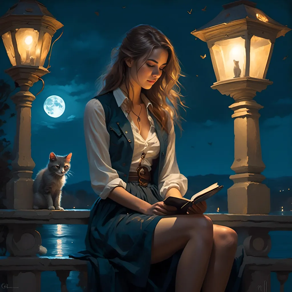 Prompt: <mymodel> a woman sitting on a bridge with a cat in her lap and a lantern in the background, with a full moon in the sky, Charlie Bowater, fantasy art, stanley artgerm lau, a character portrait