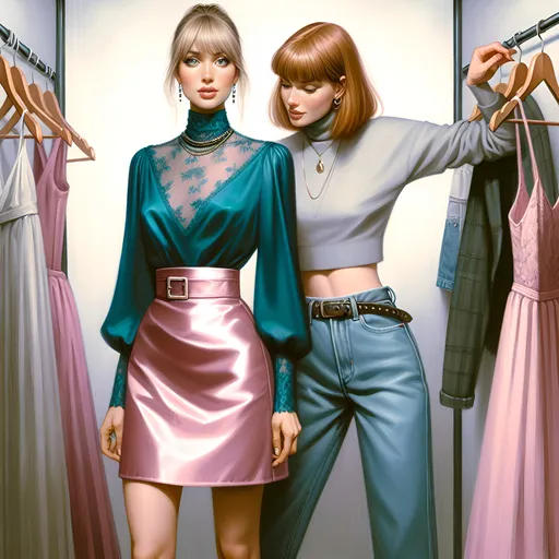 Prompt: Blonde ponytail woman in very short pink satin miniskirt and teal blue blouse. Scottish redhead bangs hair in jeans and cropped turtleneck ,  slim Woman with necklace,  help undressing in very cramped tiny Changing cubicle,  dresses on hangers, redhead woman full body- F. Scott Hess, figurative art, professional digital painting, a hyperrealistic painting,