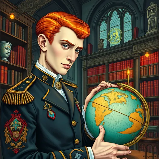 Prompt: Charles Robinson style illustration, strong colors, Surrealism, bizarre, fantastical, fantasy, a magical house, a vast Victorian library, A military man touches a magical globe at work,  25 year old, neat trim orange hair,  embroidered uniform, medals, Surreal, detailed facial features 