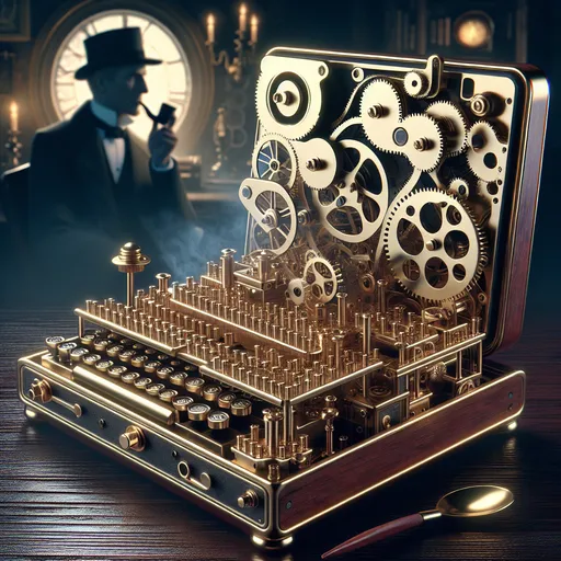 Prompt: Redesign a modern laptop computer as if it were invented in the Victorian era. The device should be made of polished brass and wood, with intricate gears and clockwork visible. Replace the keyboard with an array of tiny levers, buttons, and dials. Include a hand-crank on the side. Show the laptop, with a blurred background suggesting Sherlock Holmes’s face, he is smoking a pipe.