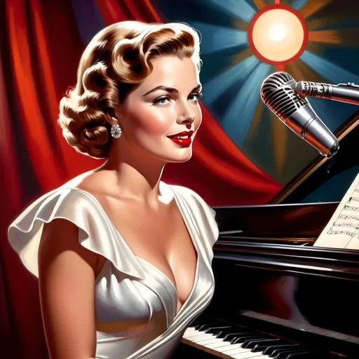 Prompt: Illustration of white-clad tight gown Ingrid Bergman style chanteuse microphone at the piano, 1930s big band jazz style, realistic nightclub lighting, vibrant colors, one baritone sax player  lively atmosphere, detailed facial expression, professional art quality, vibrant colors, detailed facial expression, realistic lighting, red atmosphere, smoky, spotlighting 