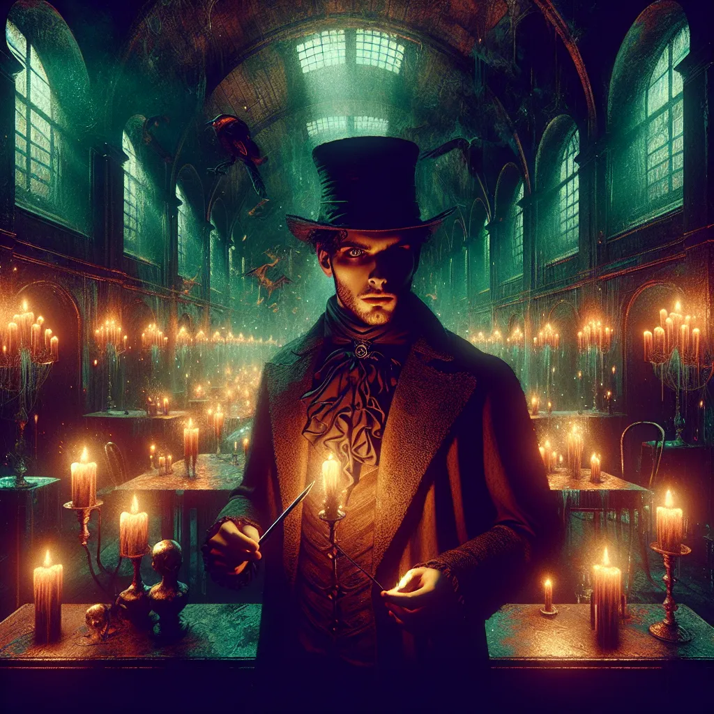 Prompt: A surreal digital painting of a mysterious magician in an eerie insane asylum, dark and haunting, intricate details, high definition, surrealism, dark fantasy, haunting atmosphere, magician's intense gaze, vintage-style, mystical, eerie lighting, asylum setting, mysterious aura, moody color palette, elaborate magician's attire, unsettling environment, skilled brushwork, haunting shadows, surrealistic, high quality