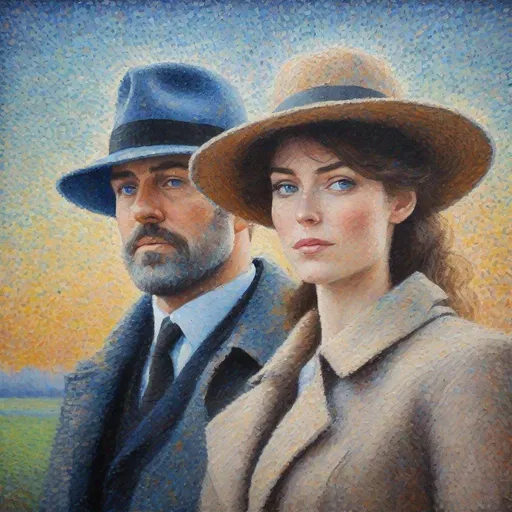 Prompt: A portrait painting of a spy with blue eyes in trenchcoat and fedora hat, with female assistant, in the pointillism style of Claude Monet, with soft pastel colors.