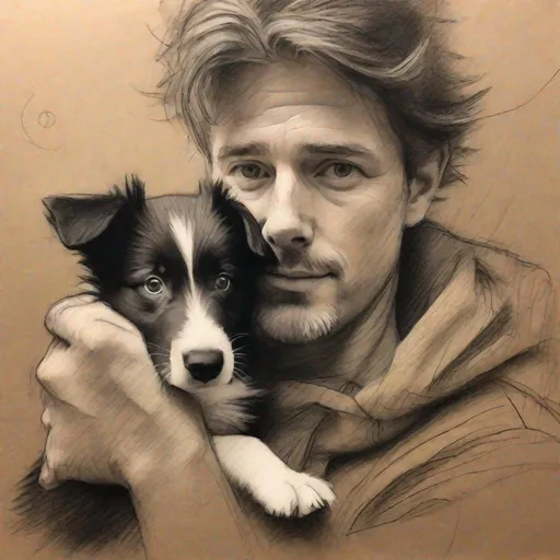 Prompt: Rough charcoal drawing of a man holding a Border Collie puppy, brown paper, realistic details, expressive lines, high contrast, charcoal drawing, artistic, traditional art style, warm tones, soft lighting