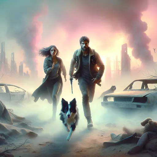 Prompt: Dreamy pastel portrait, (ethereal atmosphere), Caucasian man and woman running with their black and white pointy eared border collie, the carry hunting knives, post-apocalyptic battleground, soft pastel colors, misty and surreal lighting, slightly glowing hues, sense of urgency and determination, ruins and broken structures in the background, high detail and ultra-detailed, 4K realism, cinematic depth, high contrast between characters and background, floating particulate matter, dramatic composition.