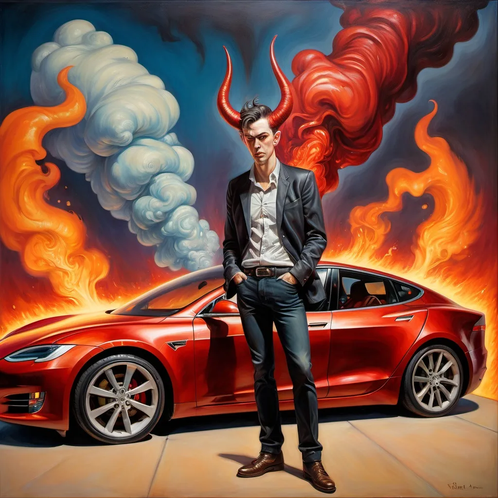 Prompt: (full body profile of a man with devil horns), (sad handsomely-featured) artisan style, (inspired by Stanford Artgerm Lau, Milo Manara), (thick impasto oil painting), wide angle, (surrealism), ( comically huge time bomb with burning fuse) in hand, standing atop a Tesla ca, vivid hues, exploding with emotional depth, dramatic ambience, highly detailed, captivating contrasts, engaging composition.