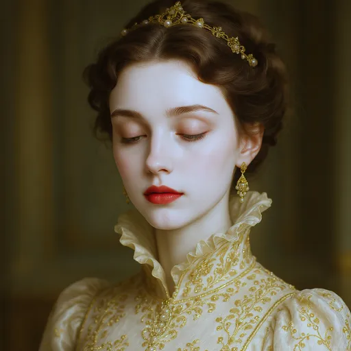 Prompt: This is a highly detailed, realistic digital portrait of a young woman with a fair, almost porcelain-like complexion. Her wavy, brown hair is styled in an elegant updo adorned with intricate, gold jewelry featuring small pearls and ornate designs. Her eyebrows are delicately arched, and her eyes are a soft, muted brown, partially closed with a serene, almost melancholic expression. She has full, red lips that stand out against her pale skin. Her cheeks have a subtle blush, adding a touch of warmth to her otherwise cool-toned face.

She is wearing an elaborate, high-collared, cream-colored gown embellished with sparkling gold embroidery and delicate beadwork. The collar is ruffled and adorned with more gold accents, giving it a luxurious, vintage feel. Her ears are decorated with dangling gold earrings that match the intricate headpiece.

The background is softly blurred, drawing focus to her face and attire. The overall color palette is muted and elegant, with a mix of gold, cream, and soft browns. The lighting is soft and natural, highlighting the textures of her skin and the fabric of her gown. The image has a timeless, ethereal quality, reminiscent of classic portrait photography.