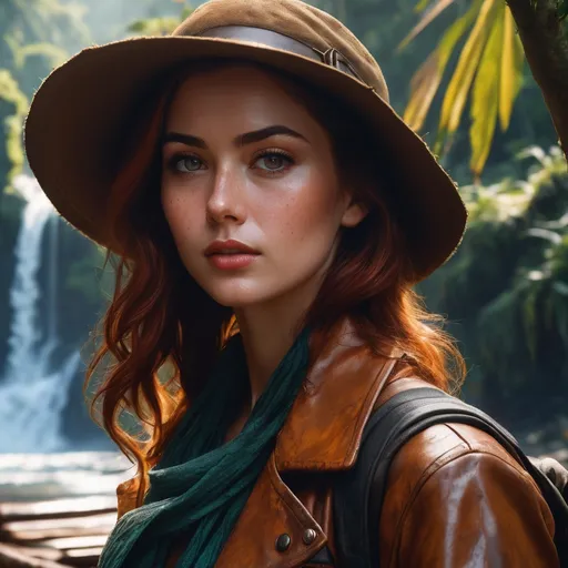 Prompt: Create a high-quality professional image of redhead irish woman with light freckles , short hair, 2020s , 27, in very short brown silk mini skirt, worn brown leather jacket, indiana jones hat, standing on the base of a jungle outpost.  Waterfall, sunken raft, ruined wooden outpost in the distance. The woman is beautiful but rugged. She is looking to one side. Her mood is worried, wary, looking for threats
 . 
The image should be realistic and detailed, with vivid colors and sharp contrasts.

The old jungle should be overgrown and eerie. 
 8k, 50mm, f/1. 4, high detail, sharp focus, perfect anatomy, highly detailed, detailed and high quality background, oil painting, digital painting, Trending on artstation, UHD, 128K, quality, Big Eyes, artgerm, highest quality stylized character concept masterpiece, award winning digital 3d, hyper-realistic, intricate, 128K, UHD, HDR, image of a gorgeous, beautiful, dirty, highly detailed face, hyper-realistic facial features, cinematic 3D volumetric, illustration by Marc Simonetti, Carne Griffiths, Conrad Roset, 3D anime girl, Full HD render + immense detail + dramatic lighting + well lit + fine | ultra - detailed realism, full body art, lighting, high - quality, engraved | 