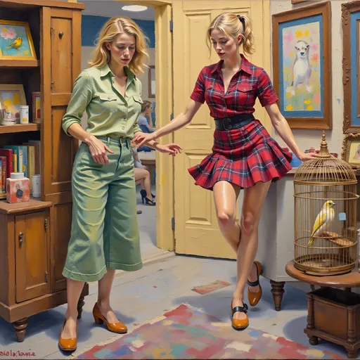 Prompt: "Full length full body thick impasto oil painting of two women by Robert Maguire , a shy woman in green  following a 25 year old blonde flirting woman in a short dress carrying a canary in a cage.