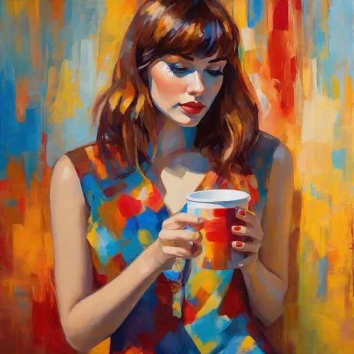 Prompt: Short Brown bangs hair freckles (full body shot) drinking coffee as she stands in shorter tight minidress against a wall, fauvism, bright colors expressive brushstrokes, backdrop soft blue-yellow-red gradient