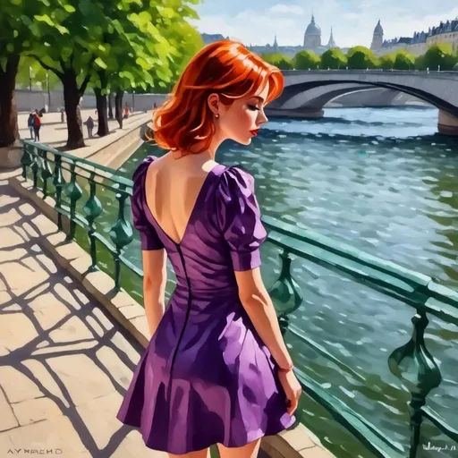 Prompt: <mymodel> very short tight purple minidress dress. A walk along the embankment of the river seine.