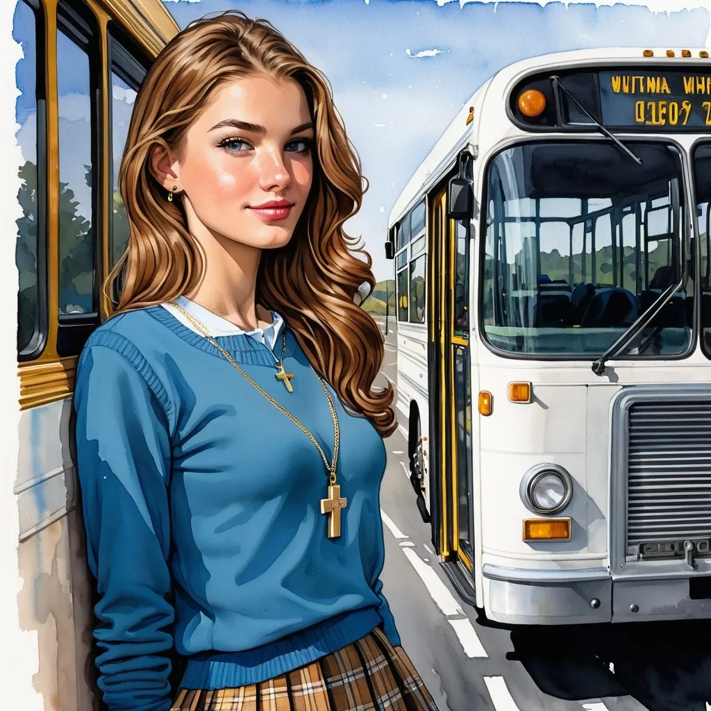 Prompt: Blue and gold inks, cartoony Stan Lee style portrait of a slender 21 year old English woman, watercolor, gouache, acrylic, ink, standing in line to board a bus, long straight brown hair, detailed facial features, plaid skirt, powder blue sweater, gold cross necklace, natural and soft lighting, high quality, detailed facial features, slender build, English woman, bus, detailed clothing, natural lighting