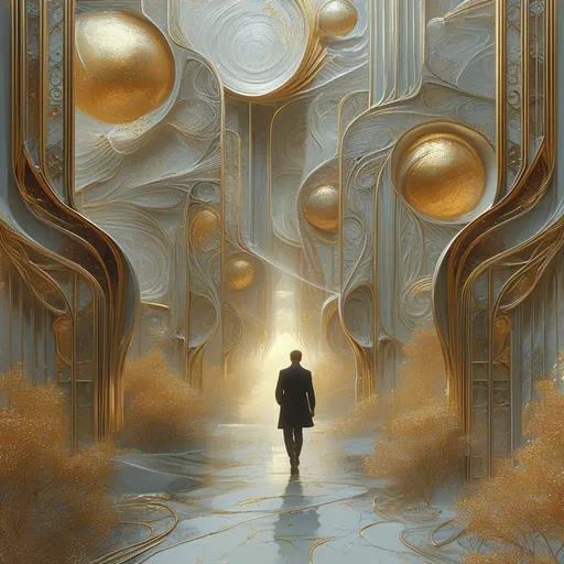 Prompt: A man walking through a surreal dreamscape, Art Nouveau style, gold, silver, and red triads swirling around, abstract patterns elegantly intertwining, captivating negative white space enhancing the composition. Ethereal atmosphere, whimsical ambiance, high depth, ultra-detailed, mesmerizing visuals, fusing classic and modern art elements, inviting exploration of imagination.