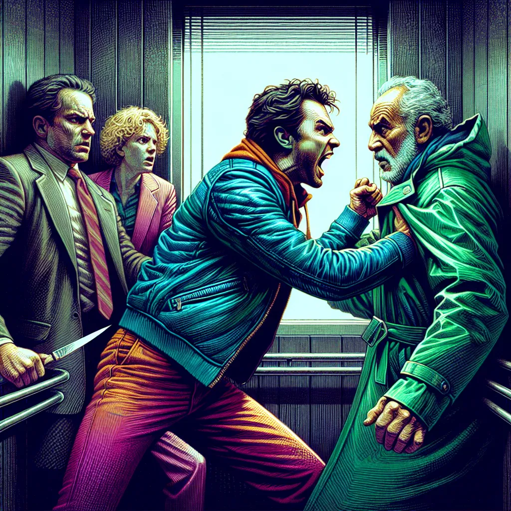 Prompt: (Surrealism style), dark color scheme, intense dynamic scene, (an angry young man in blue leather jacket) and a (determined older man in green rain coat fighting), ( frightened pretty short blonde hair woman in a very short slim flared pink miniskirt suit watching, her body pressed against the elevator wall), dramatic tension, moody ambiance, high contrast shadows, textured brush strokes, detailed expressions of anger and determination, a suffocating elevator atmosphere, ultra-detailed, HD. Surrealism style image, colored inks, gouache, triadic color pink green blue. 