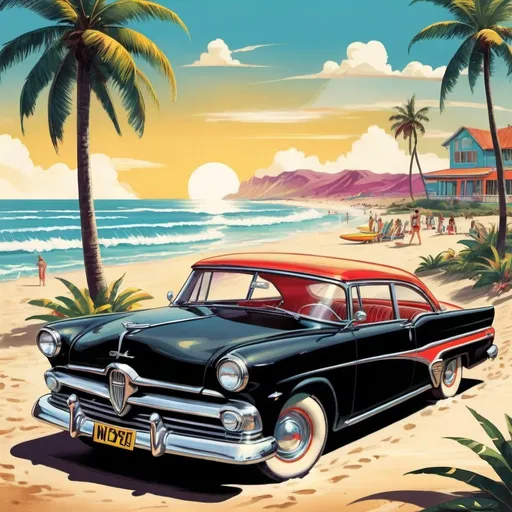 Prompt: Vintage comic illustration of a black 1950s ford Edsel, colorful surfboard on top, retro-style, vibrant colors, detailed vintage car, classic comic style, large and colorful surfboard, sunny beach setting, dynamic action, old-school vibes, vintage, detailed artwork, vibrant colors, professional, highres, retro, sunny lighting