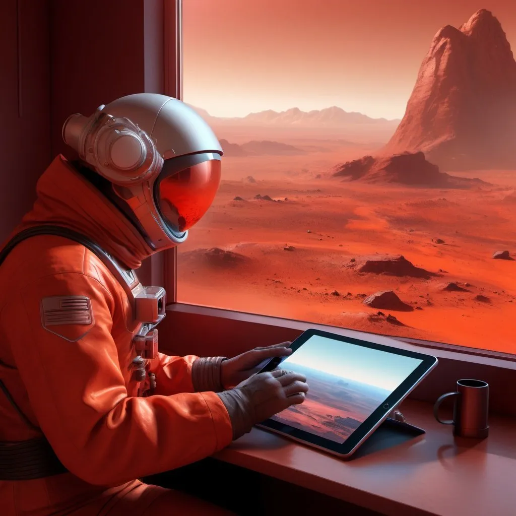 Prompt: A man works on his iPad, instead of looking through a picture window, realistic rendering, red and orange hues, Martian landscape, , futuristic setting, Martian mining equipment, high quality, 4k, ultra-detailed, realistic, Martian, telescope , futuristic, red tones, detailed landscape, window view, professional, atmospheric lighting