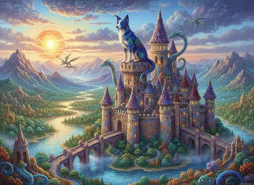 Prompt: a beaded epic magnificent pointy eared skinny border collie perched atop a magnificent beaded castle. award winning fantasy D&D masterpiece, made completely of colourful glass beads, lovely, D&D Dragonlance aesthetic, ultra detailed, hyperdetailed, masterpiece fantasy landscape