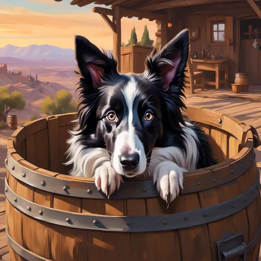 Prompt: <mymodel>Dungeons and Dragons fantasy art of a skinny, short-haired, pointy-eared, black and white border collie stuck in a wooden barrel with only his head visible, detailed fur, Western saloon town, desert, magical dog kingdom in the distance, high quality, fantasy, detailed fur, magical, desert landscape, pointy ears, saloon town, point of focus, intricate details, majestic, distant kingdom, fantasy setting, atmospheric lighting