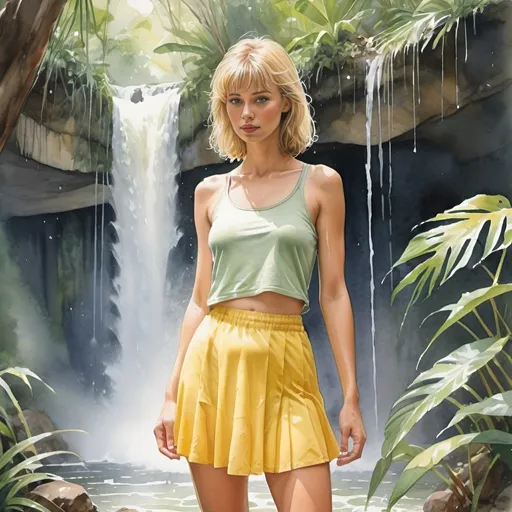 Prompt: Watercolor gouache painting in style of Steve Hanks,  short blond bangs woman facing camera and standing directly underneath the spray of a tropical waterfall, transparent yellow miniskirt, cropped matching yellow top with yoke neckline, soaking wet, lush greenery in the background, cascading water, serene and peaceful atmosphere, watercolor, tropical, slender figure, flowing water, very wet clothes, wet hair, lush greenery, serene atmosphere, high quality, detailed, watercolor style, peaceful, tranquil