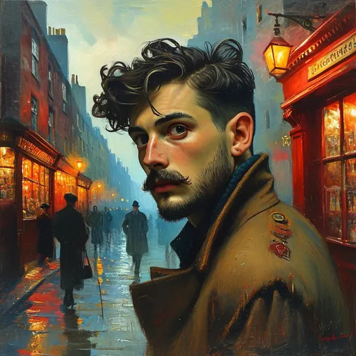 Prompt: (surrealism style mid waist portrait ), vibrant color scheme, (1941 London), shadowy streets at night, mid waist portrait of a attractive messy hair neat beard man (highly detailed facial features) outside a quaint pub, search lights streaking through a tumultuous sky, vivid explosions lighting the dark atmosphere, bombed and ruined structures surrounding the scene, (dramatic), chaotic ambiance, high contrast between shadow and colorful explosions, (ultra-detailed), evocative imagery, sense of urgency and dread.