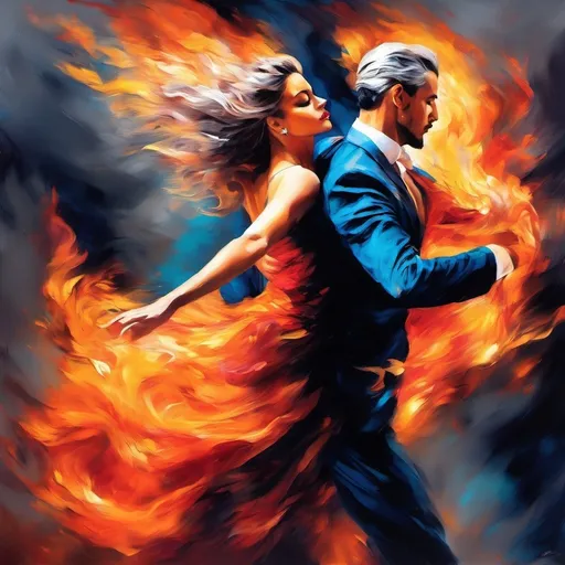 Prompt: Highly detailed solo male dancer gracefully moving through fiery flames, intense and fiery color tones, realistic oil painting, professional, intricate dance movements, atmospheric lighting, highres, detailed, realistic, oil painting, tango, gray hair, fiery flames, intense color tones, intricate movement, professional, atmospheric lighting