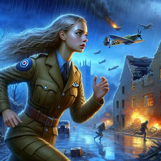 Prompt:  third person gameplay, (pretty long haired British RAF female captain), blond hair, pale skin, hazel eyes, (running motion), bombed neighborhood buildings with brick rubble smashed windows, rainy streets of 1940s London at night, sky in distant background shows distant explosions, fighter planes, and fire (bright colors), (blue atmosphere), impressionistic style, (vivid details), intricate painting, (dynamic action), dramatic lighting, ultra-detailed, engaging composition, emotionally evocative scene.