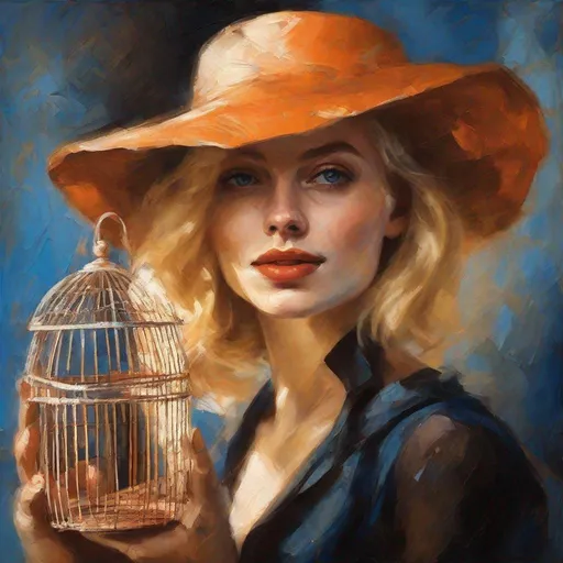 Prompt: Blonde woman in 20s wearing hat, holding birdcage, expressionism, vibrant use of light and shadow, highres, detailed eyes, impressionistic, dark orange, blue, vibrant lighting