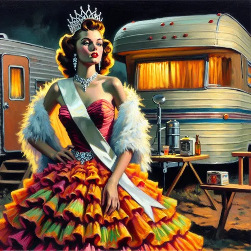 Prompt: Pulp style oil painting of a prom queen in a voluminous dress with a white sash and tiara, 1950s style, James Avati inspired, trailer camp setting, detailed vintage attire, vibrant colors, dramatic lighting, high quality, oil painting, pulp style, prom queen, voluminous dress, 1950s, James Avati, trailer camp, detailed attire, vintage, dramatic lighting, vibrant colors, high quality