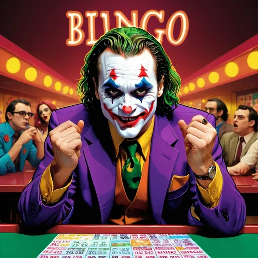 Prompt: (artstyle-pop art) Joaquin Phoenix as the Joker sitting at a table with several bingo cards in front of him, his hand raised as he calls out (Bingo), vibrant color scheme, other bingo players surround him, a large bingo ball cage at a dais in the background, dramatic and cinematographic lighting, high contrast, energetic atmosphere, detailed facial expressions of anticipation and excitement, 4K, ultra-detailed.