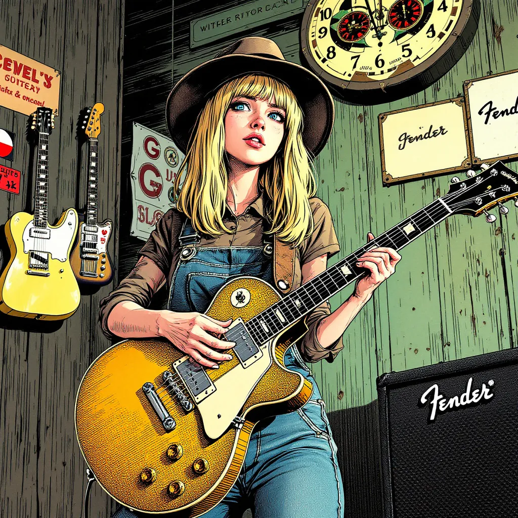 Prompt: Junji Ito manga style, inside a guitar store there is a blonde blue eyes woman in overalls and in a hat holding the one only highly detailed Gibson 335 electric guitar. a vintage wall (old wood, decals). next to it is a fender amp, Manga scene.